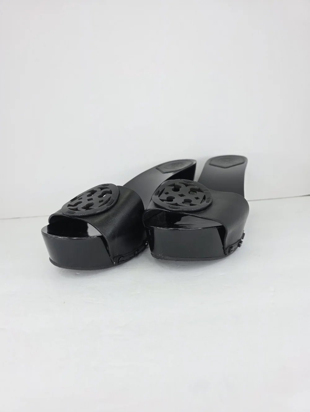 Tory Burch Patti Black Patent Slides Platform Wedge Heels Leather Sandals 9.5M